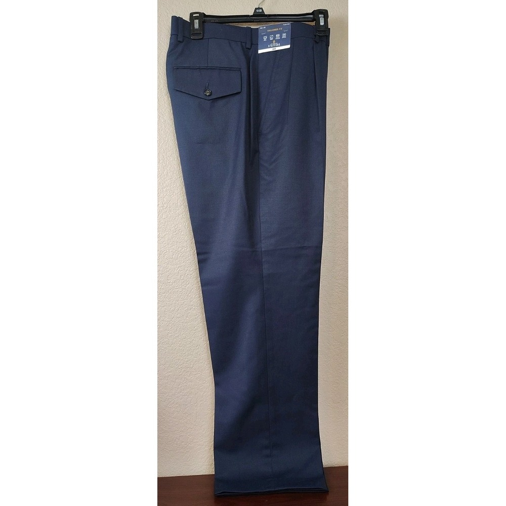 Stafford Mens Navy Blue Pleated Tailored Fit Wool Blend Dress Pants 36x30